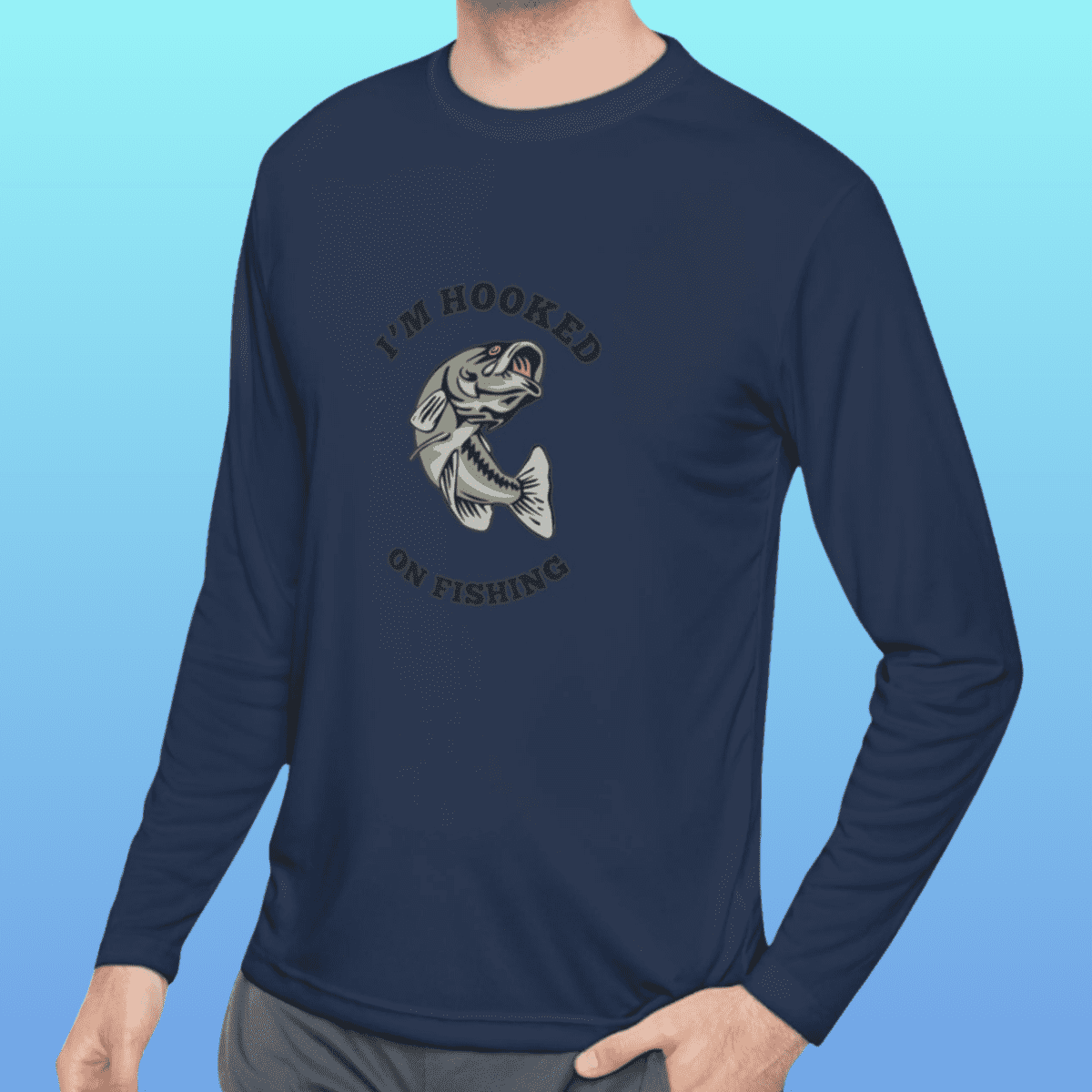 Men's Navy Hooked On Fishing Long Sleeve Moisture-Wicking Tee