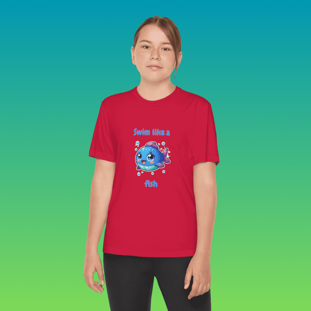 Red Youth Swim Like A Fish Moisture-Wicking Tee