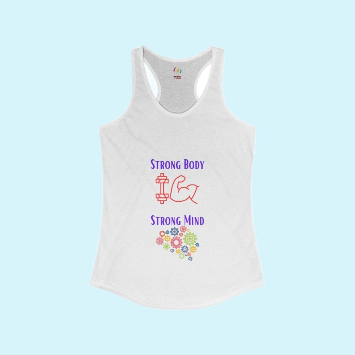 White Women's Strong Body Strong Mind Performance Racerback Tank Top