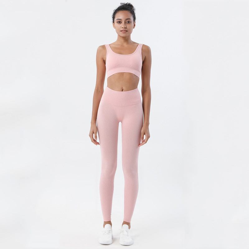 Pink Knitted Seamless Bra And Yoga Pants Set