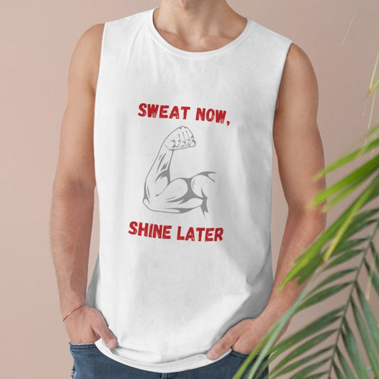 Men's White Sweat Now Shine Sleeveless Muscle Tee