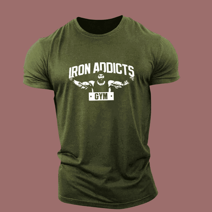 Men's Army Green Muscle Iron Addicts Gym Print T-Shirt