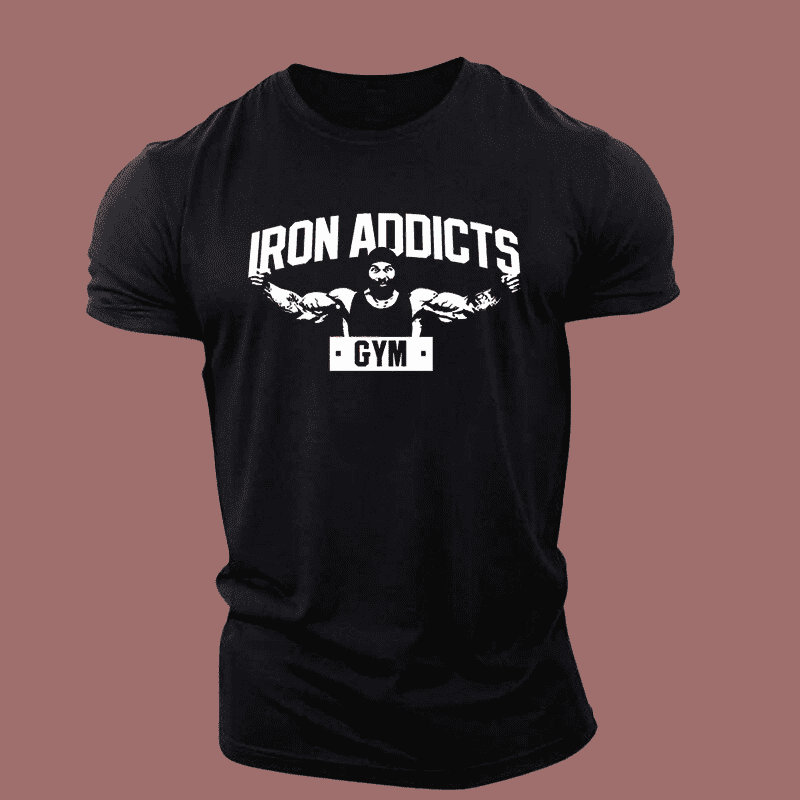 Men's Black Muscle Iron Addicts Gym Print T-Shirt
