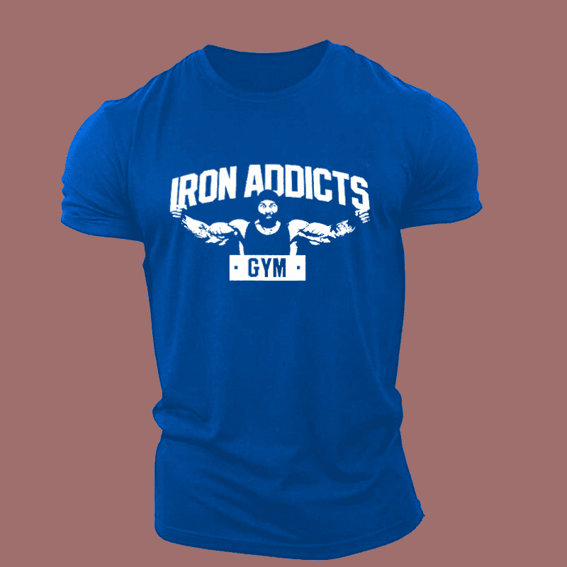 Men's Blue Muscle Iron Addicts Gym Print T-Shirt