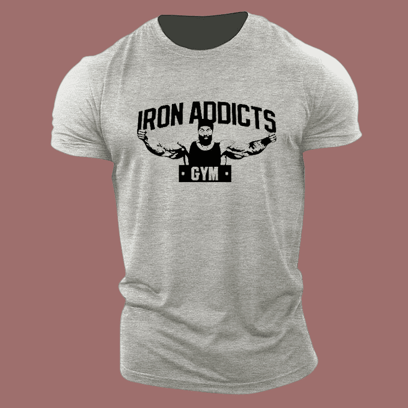 Men's Gray Muscle Iron Addicts Gym Print T-Shirt