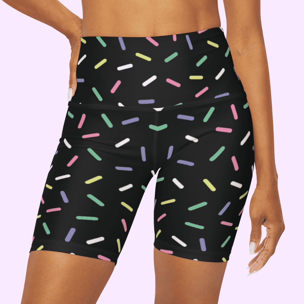 High Waisted Yoga Shorts Black With Rainbow Sprinkles