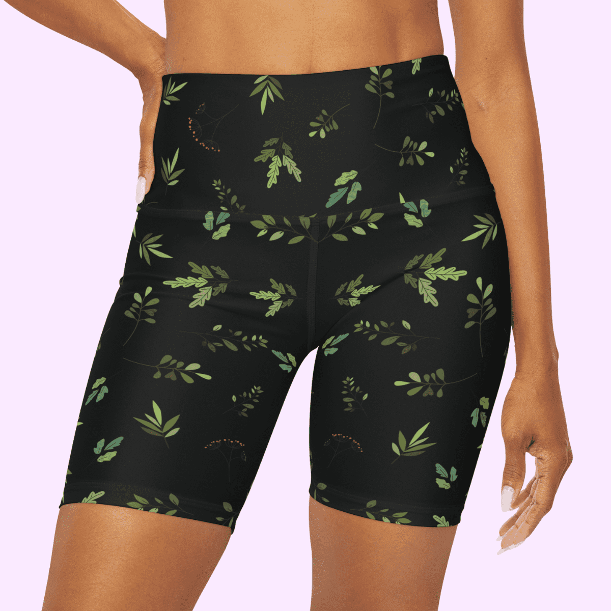 High Waisted Yoga Shorts Green Leaves