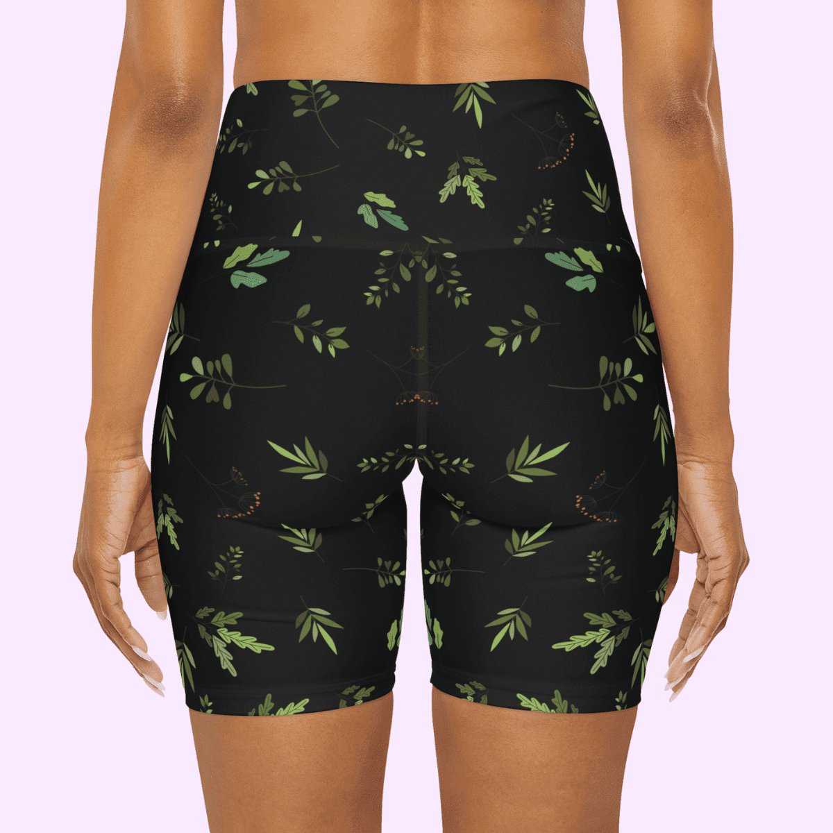 High Waisted Yoga Shorts Green Leaves