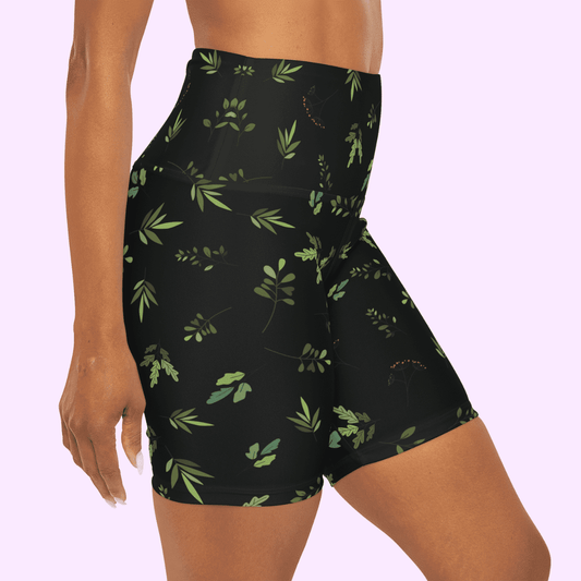 High Waisted Yoga Shorts Green Leaves