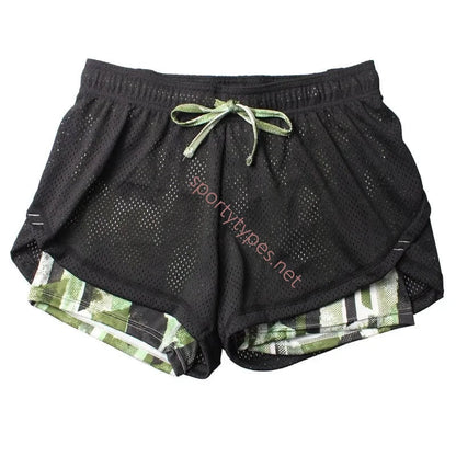Green Black Patterned Women's 2-in-1 Mesh Running Shorts