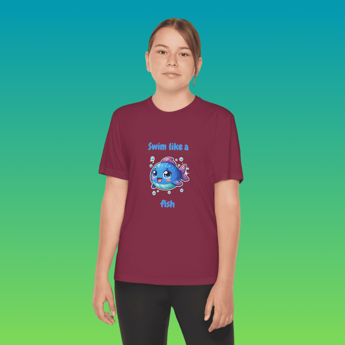 Maroon Youth Swim Like A Fish Moisture-Wicking Tee