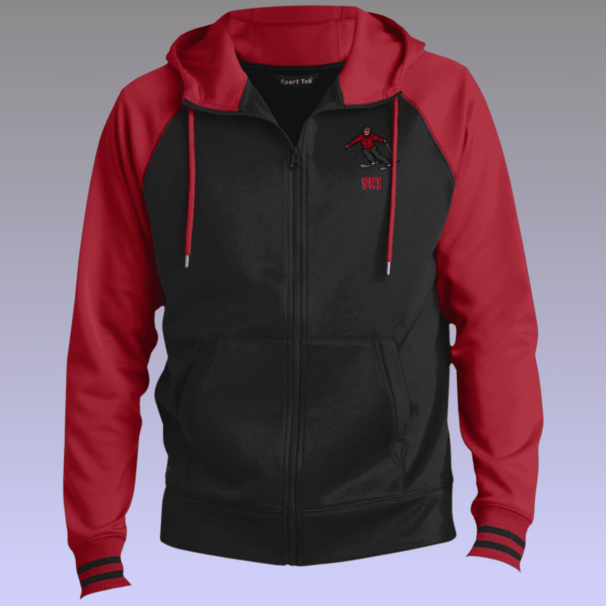 Men's Black and Deep Red Skiing Sport-Wick® Full-Zip Hooded Jacket