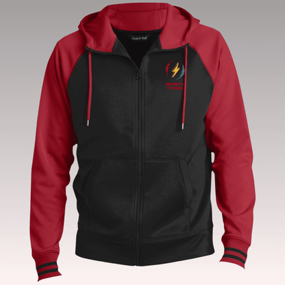 Men's Black and Deep Red Sporty Types Sport-Wick® Full-Zip Hooded Jacket