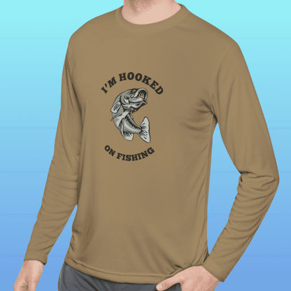 Men's Coyote Brown Hooked On Fishing Long Sleeve Moisture-Wicking Tee