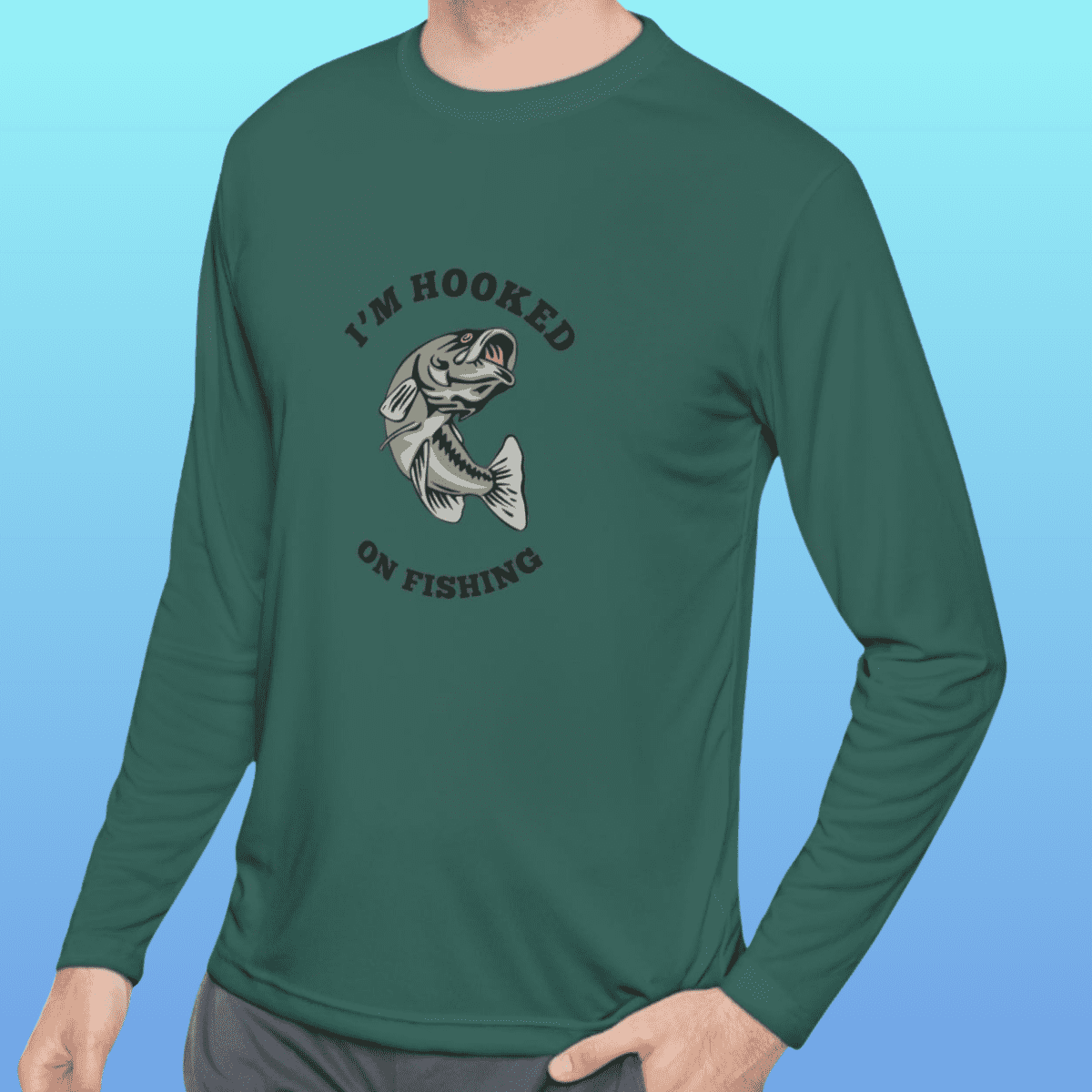 Men's Forest Green Hooked On Fishing Long Sleeve Moisture-Wicking Tee