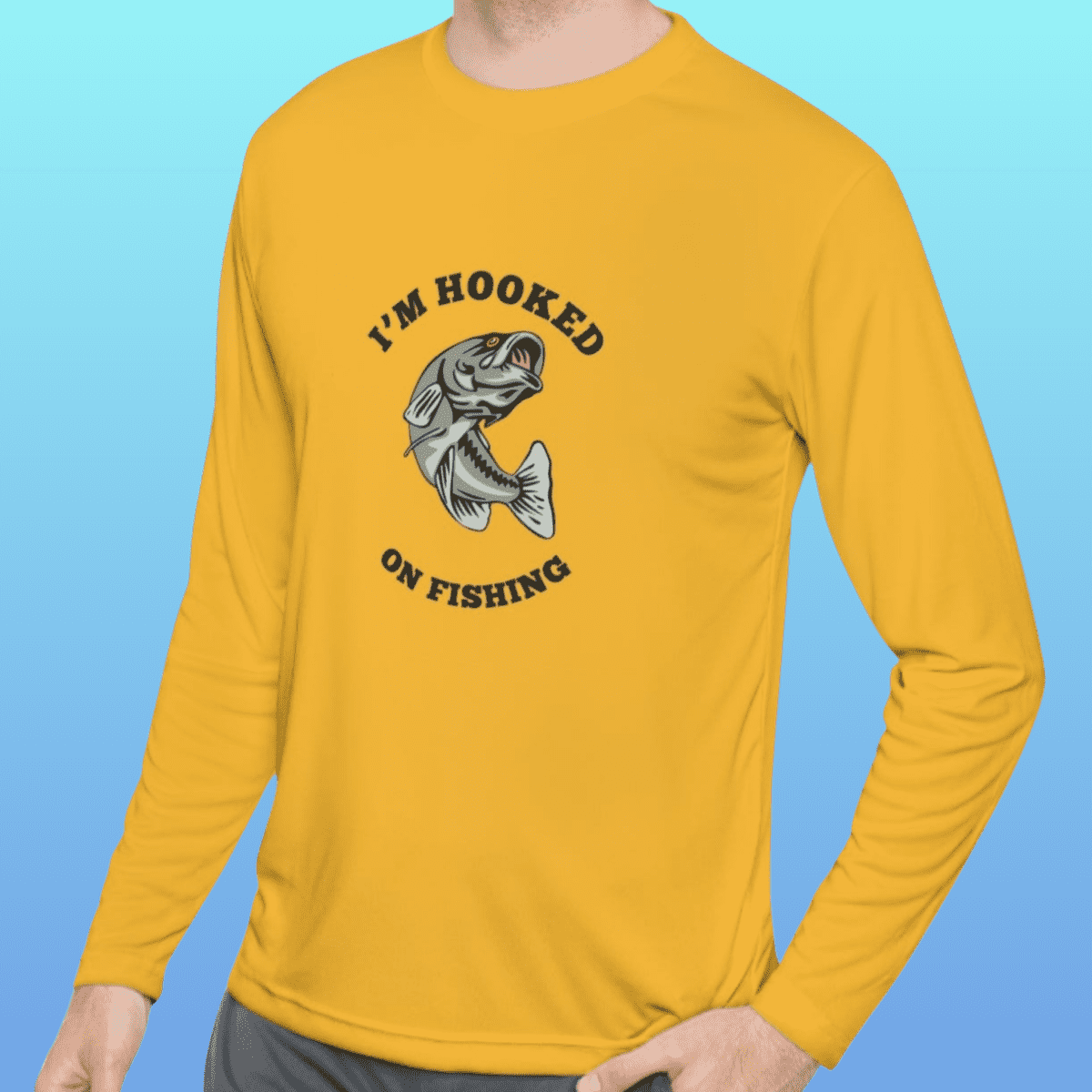 Men's Gold Hooked On Fishing Long Sleeve Moisture-Wicking Tee