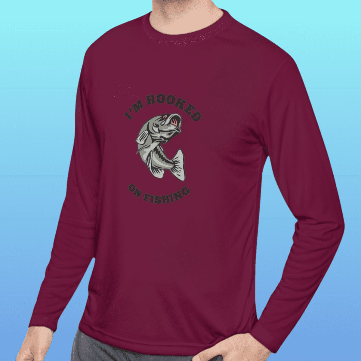 Men's Maroon Hooked On Fishing Long Sleeve Moisture-Wicking Tee