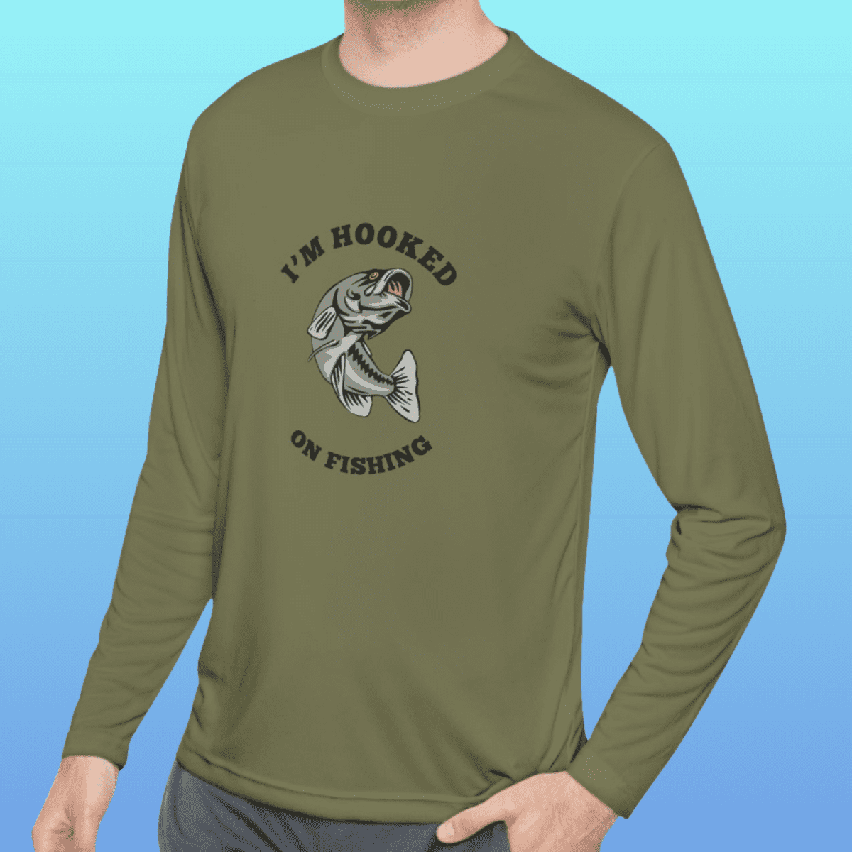 Men's Olive Hooked On Fishing Long Sleeve Moisture-Wicking Tee