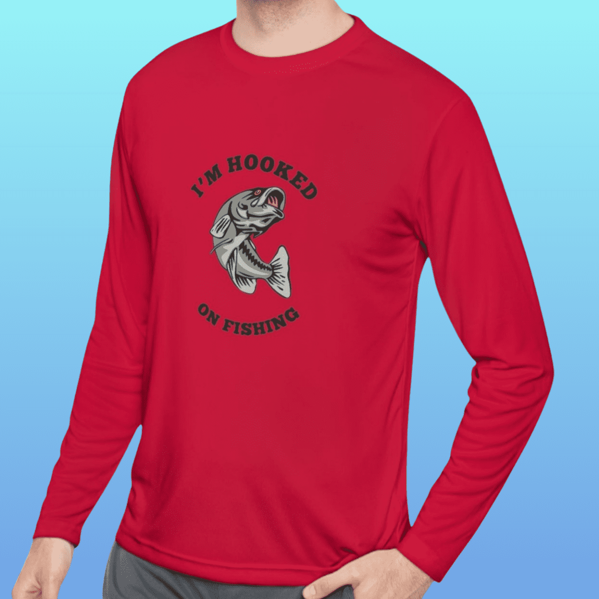 Men's Red Hooked On Fishing Long Sleeve Moisture-Wicking Tee