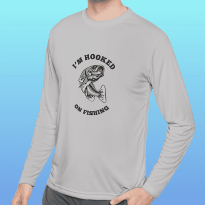 Men's Silver Hooked On Fishing Long Sleeve Moisture-Wicking Tee