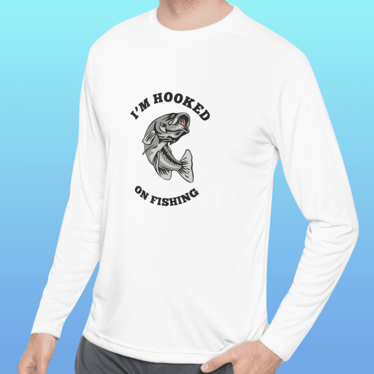 Men's White Hooked On Fishing Long Sleeve Moisture-Wicking Tee