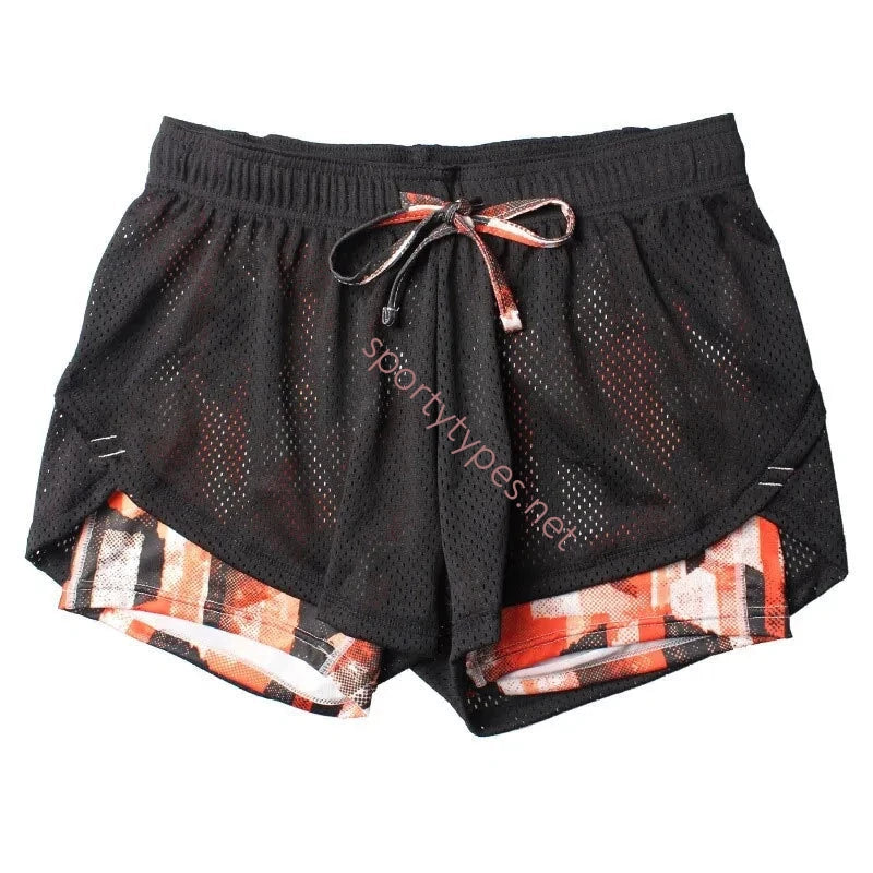 Orange Black Patterned Women's 2-in-1 Mesh Running Shorts