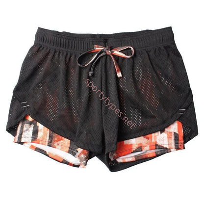 Orange Black Patterned Women's 2-in-1 Mesh Running Shorts