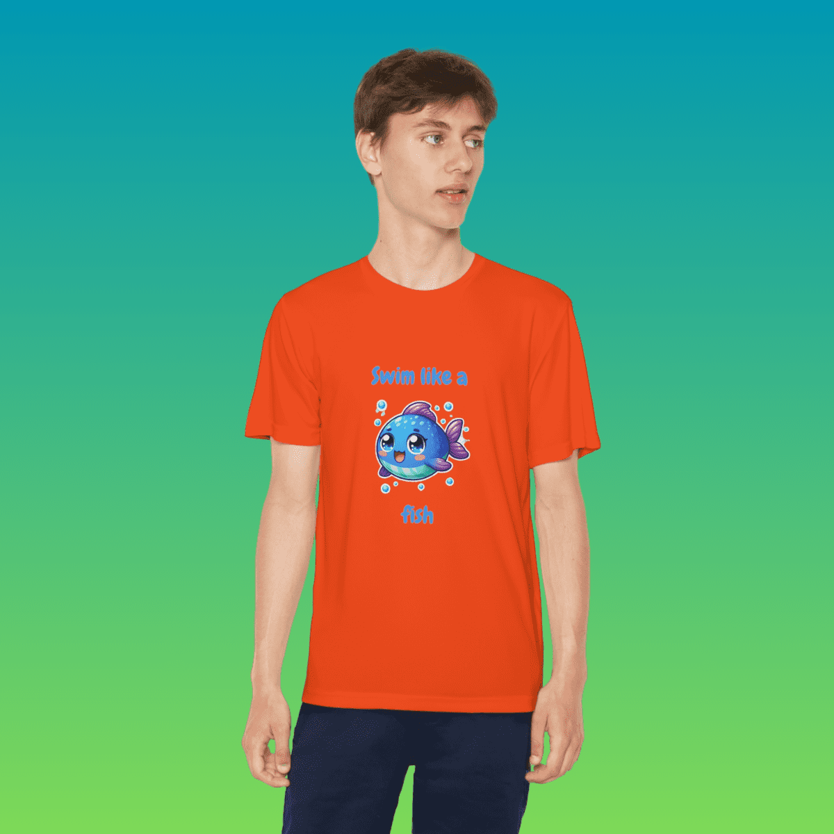 Neon Orange Youth Swim Like A Fish Moisture-Wicking Tee