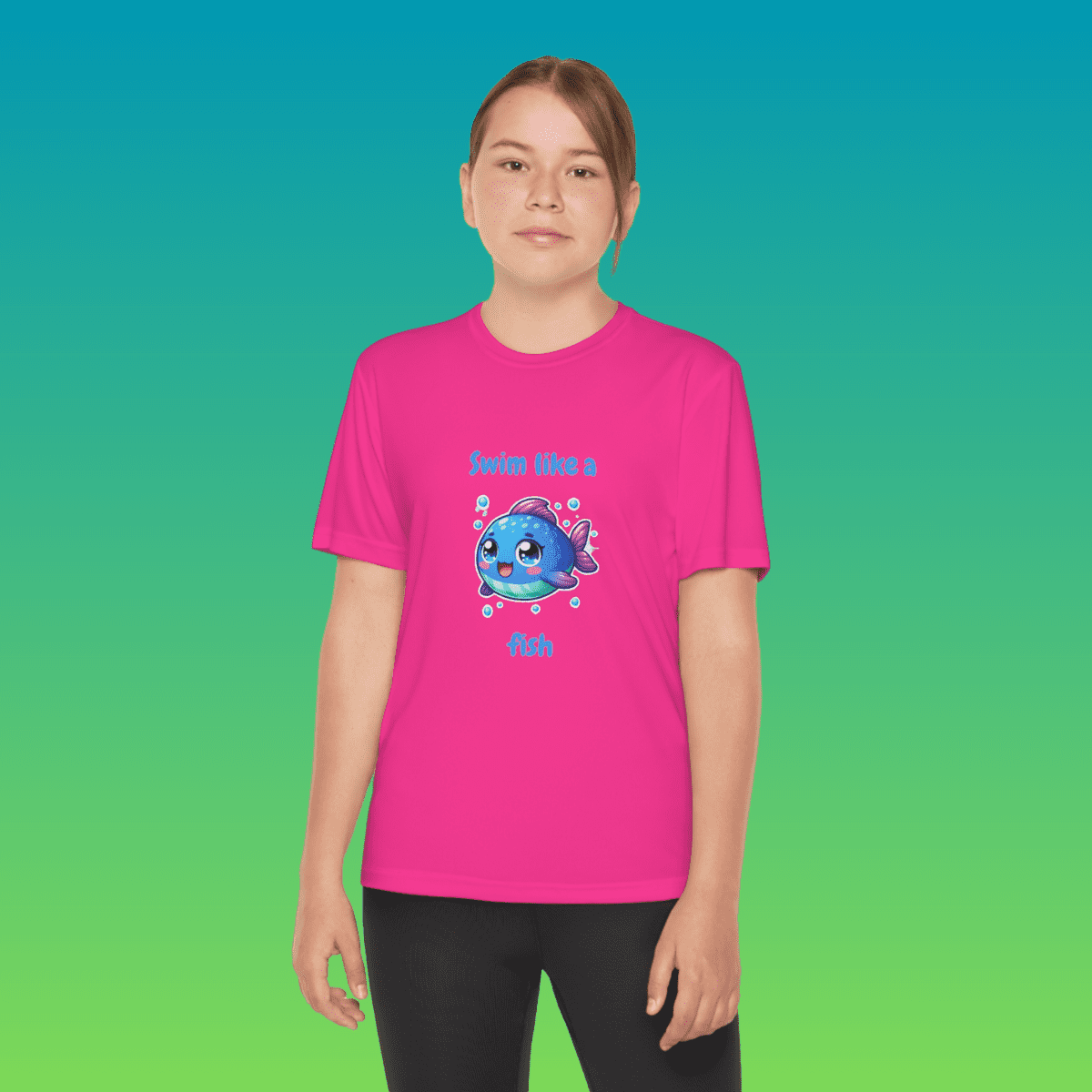 Neon Pink Youth Swim Like A Fish Moisture-Wicking Tee