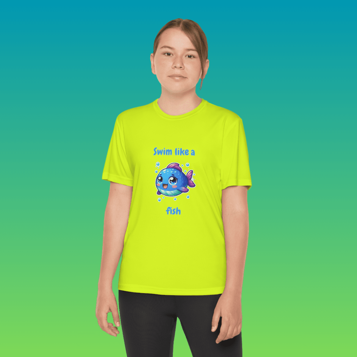 Neon Yellow Youth Swim Like A Fish Moisture-Wicking Tee