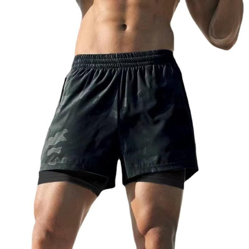 Men's Black Camouflage Double-layer Fitness Shorts