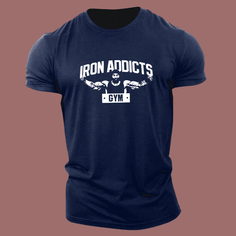 Men's Navy Blue Muscle Iron Addicts Gym Print T-Shirt