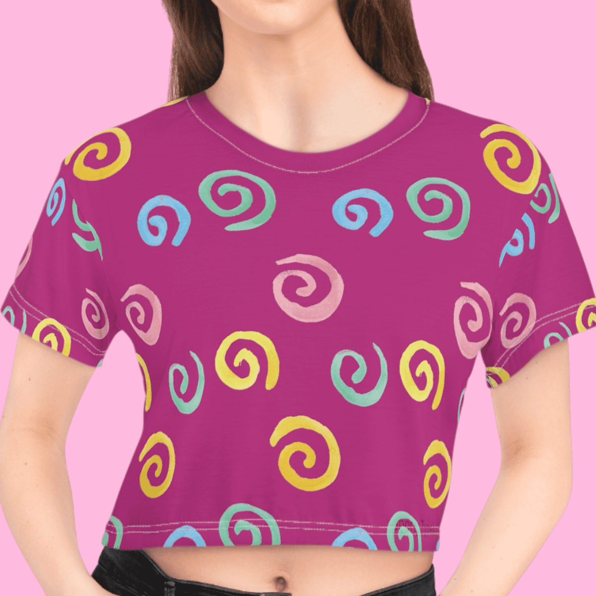 Pink Crop Tee With Colored Swirl Pattern