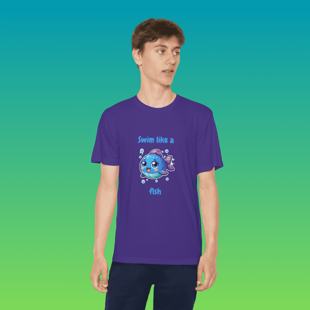 Purple Youth Swim Like A Fish Moisture-Wicking Tee