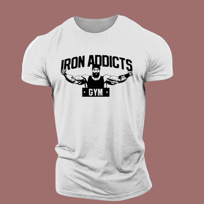 Men's White Muscle Iron Addicts Gym Print T-Shirt