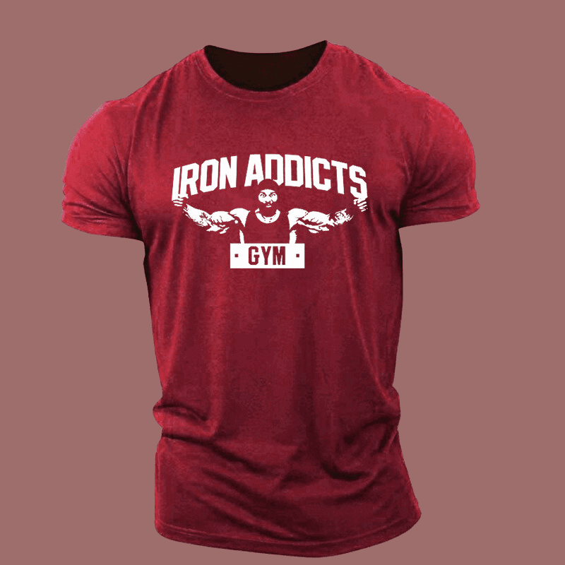 Men's Wine Red Muscle Iron Addicts Gym Print T-Shirt