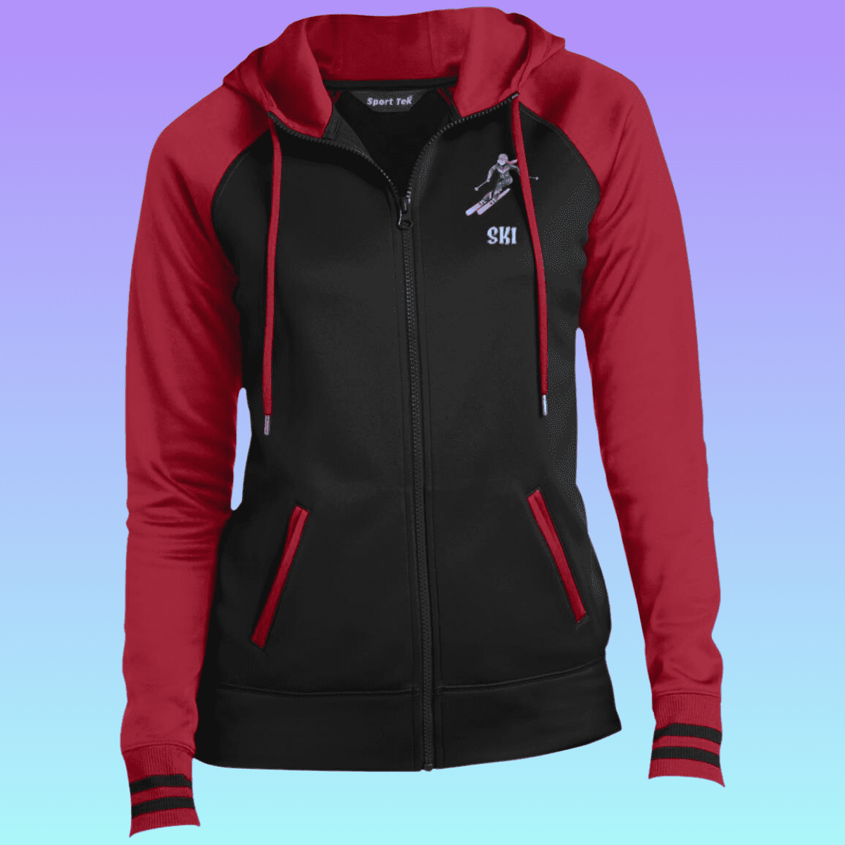 Women's Black and Deep Red Ski Sport-Wick® Full-Zip Hooded Jacket