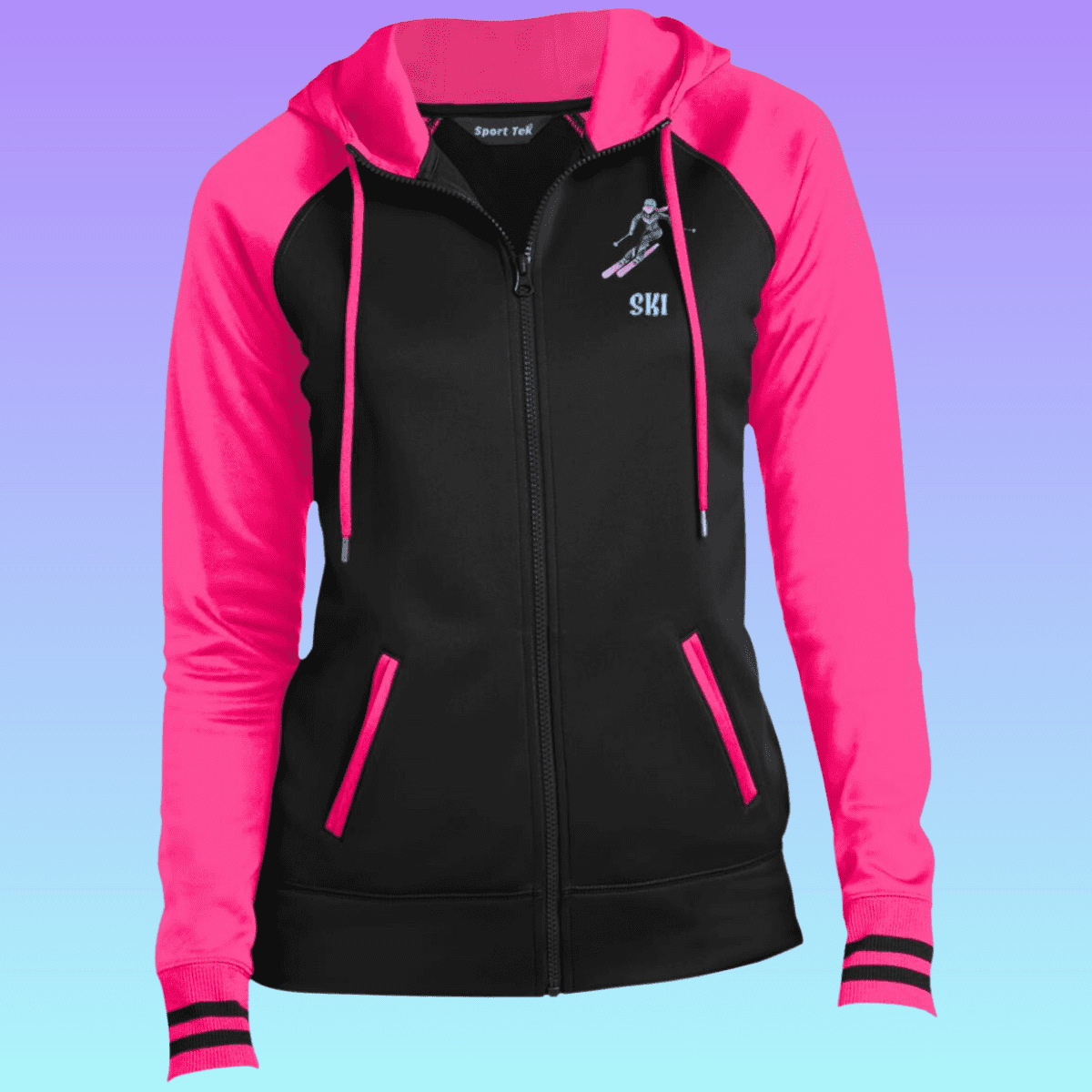 Women's Black and Neon Pink Ski Sport-Wick® Full-Zip Hooded Jacket