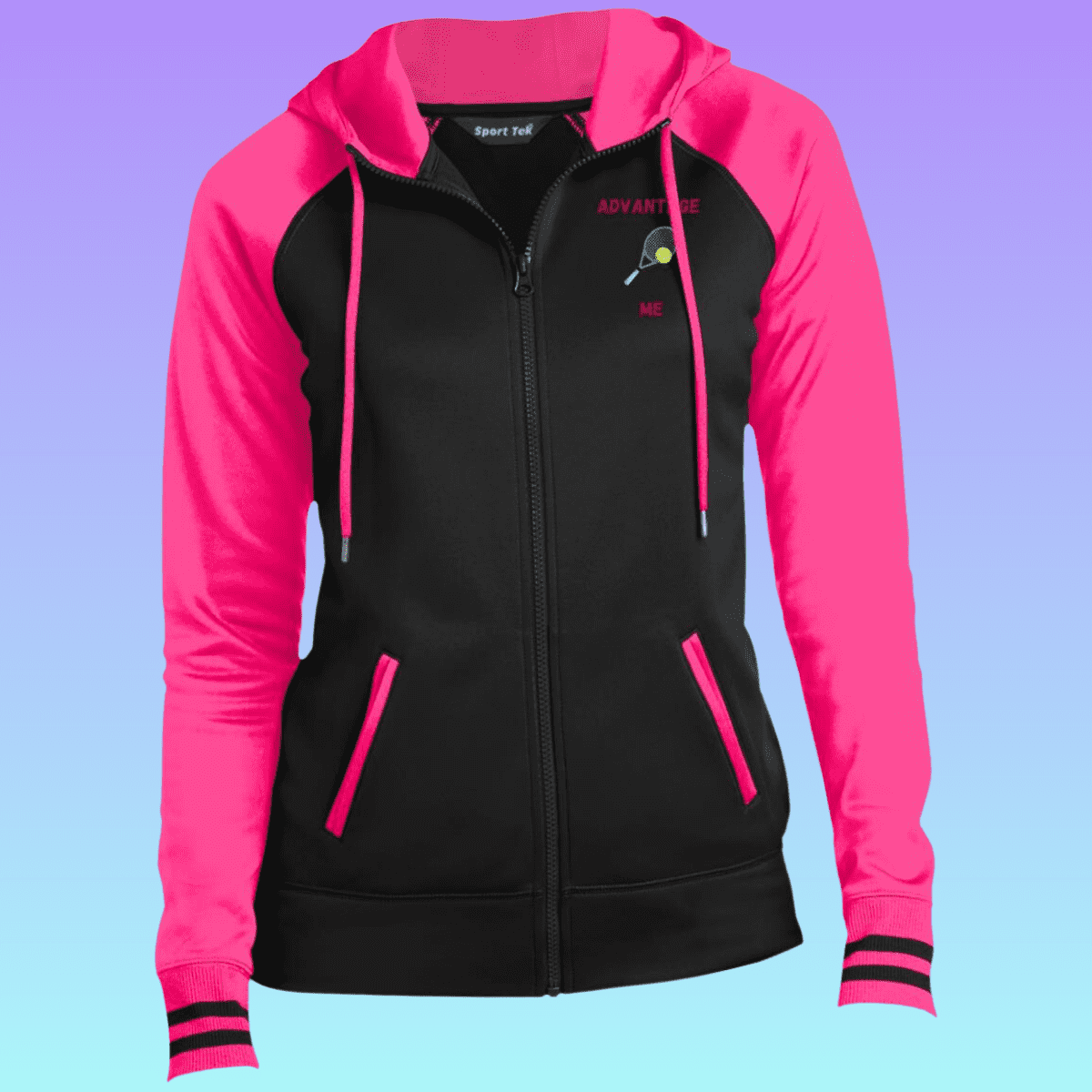 Women's Black and Neon Pink Tennis Sport-Wick® Full-Zip Hooded Jacket