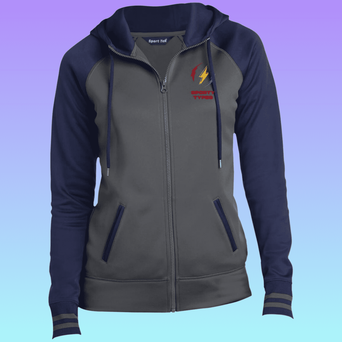 Women's Grey and Navy Sporty Types Sport-Wick® Full-Zip Hooded Jacket 