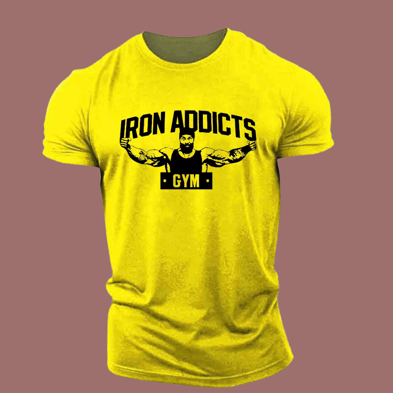 Men's Yellow Muscle Iron Addicts Gym Print T-Shirt