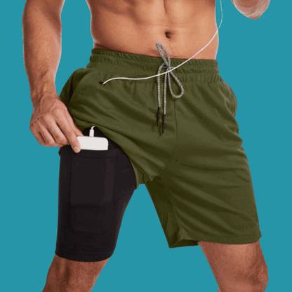 Men's Army Green Two-in-one Sports Shorts